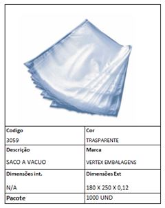SACO A VACUO 180X250 X 0,12 PCT 1.000UN